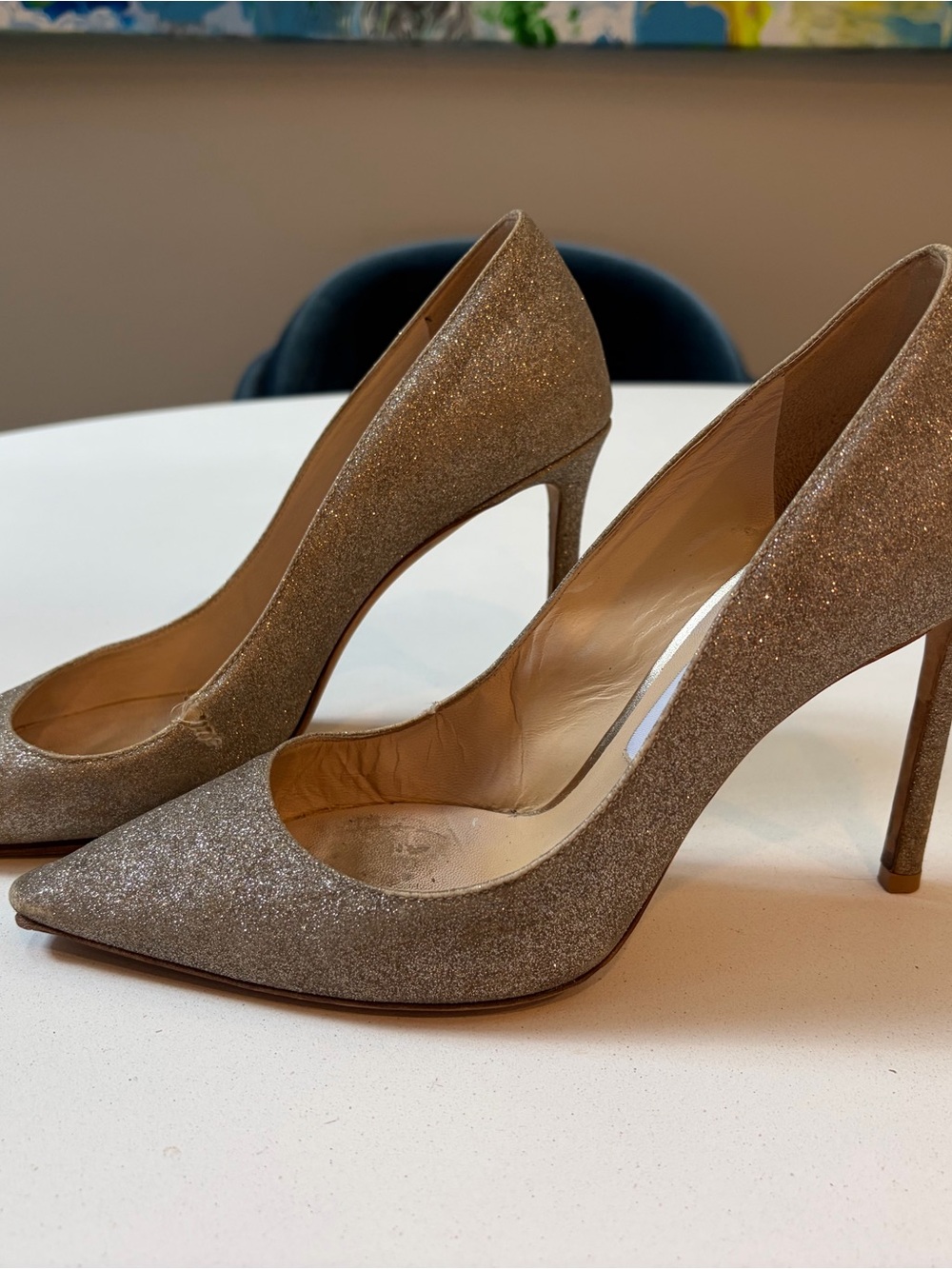 Jimmy Choo Glitter Pointed-Toe Stiletto Heels in Champagne Gold